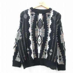 【50%OFF】L★古着 長袖 セーター メンズ 90年代 90s ネイティブ柄 ラグ柄 レザー使用 アクリル クルーネック 黒他 ブラック 25feb08 中古 ニット トップス