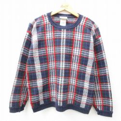 【20%OFF】M★古着 長袖 セーター メンズ 00年代 00s クルーネック 紺他 ネイビー チェック 25feb08 中古 ニット トップス