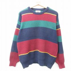 【20%OFF】M★古着 長袖 セーター メンズ コットン クルーネック 紺他 ネイビー ボーダー 25feb08 中古 ニット トップス