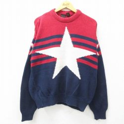 【50%OFF】XL★古着 長袖 セーター メンズ 90年代 90s 星 コットン クルーネック USA製 紺他 ネイビー 【spe】 25feb08 中古 ニット トップス