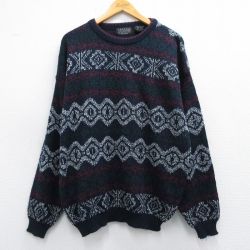 XL★古着 長袖 セーター メンズ 90年代 90s アクリル クルーネック 紺他 ネイビー 25feb08 中古 ニット トップス