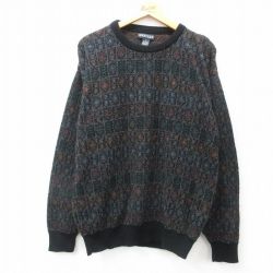 XL★古着 ジャンセン 長袖 セーター メンズ 00年代 00s アクリル クルーネック 黒他 ブラック 25feb12 中古 ニット トップス