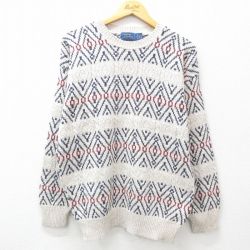 【50%OFF】XL★古着 長袖 セーター メンズ 90年代 90s コットン クルーネック USA製 薄ベージュ系他 カーキ 25feb12 中古 ニット トップス