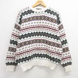 【20%OFF】XL★古着 エディーバウアー 長袖 セーター メンズ 90年代 90s フェアアイル 大きいサイズ コットン クルーネック 白他 ホワイト 【spe】 25feb13 中古 ニット トップス