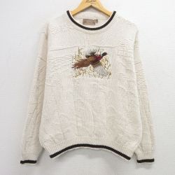 XL★古着 長袖 セーター メンズ 90年代 90s 鳥 刺繍 クルーネック USA製 白他 ホワイト 25feb13 中古 ニット トップス