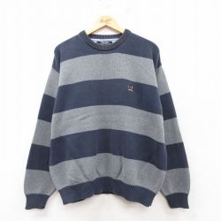 XL★古着 トミーヒルフィガー TOMMY HILFIGER 長袖 ブランド セーター メンズ ワンポイントロゴ コットン クルーネック 紺他 ネイビー ボーダー 25feb13 中古 ニット トップス