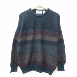 L★古着 長袖 セーター メンズ 90年代 90s クルーネック イタリア製 濃緑他 グリーン ストライプ 25feb13 中古 ニット トップス