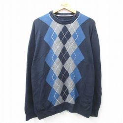XL★古着 長袖 セーター メンズ アーガイル 大きいサイズ コットン クルーネック 濃紺 ネイビー 25feb13 中古 ニット トップス