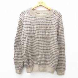 M★古着 長袖 セーター メンズ 80年代 80s 手織り クルーネック ベージュ他 カーキ ストライプ 25feb13 中古 ニット トップス