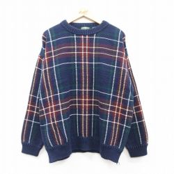 XL★古着 長袖 セーター メンズ 90年代 90s コットン クルーネック 紺他 ネイビー チェック 25feb14 中古 ニット トップス