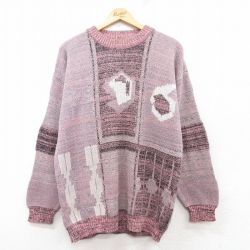 【50%OFF】L★古着 長袖 セーター メンズ 80年代 80s クルーネック ピンク系 25feb14 中古 ニット トップス