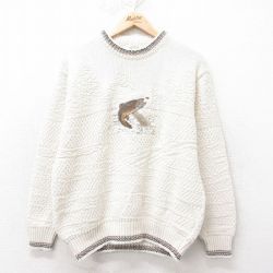 L★古着 セントジョンズベイ 長袖 セーター メンズ 90年代 90s 魚 刺繍 コットン クルーネック USA製 白 ホワイト 25feb14 中古 ニット トップス