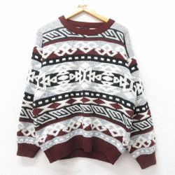 【50%OFF】L★古着 長袖 セーター メンズ ネイティブ柄 ラグ柄 アクリル クルーネック 白他 ホワイト 25feb15 中古 ニット トップス