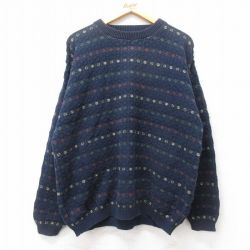 【50%OFF】XL★古着 長袖 セーター メンズ 90年代 90s 大きいサイズ クルーネック USA製 紺他 ネイビー 25feb15 中古 ニット トップス