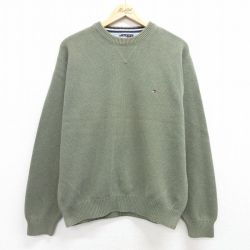 L★古着 トミーヒルフィガー TOMMY HILFIGER 長袖 ブランド セーター メンズ 90年代 90s ワンポイントロゴ コットン クルーネック 緑系 グリーン 25feb17 中古 ニット トップス