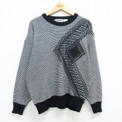 【50%OFF】L★古着 長袖 セーター メンズ 00年代 00s レザー使用 アクリル クルーネック 黒他 ブラック 25feb17 中古 ニット トップス