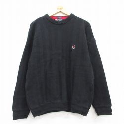 L★古着 ラルフローレン Ralph Lauren チャップス 長袖 ブランド セーター メンズ 90年代 90s ワンポイントロゴ 手織り コットン クルーネック 黒 ブラック 25feb17 中古 ニット トップス
