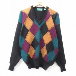 【50%OFF】L★古着 長袖 セーター メンズ 00年代 00s コットン クルーネック 黒他 ブラック 25feb18 中古 ニット トップス