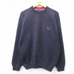 L★古着 トミーヒルフィガー TOMMY HILFIGER 長袖 ブランド セーター メンズ 90年代 90s ワンポイントロゴ コットン クルーネック 紺 ネイビー 25feb18 中古 ニット トップス