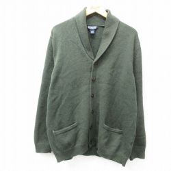 【50%OFF】XL★古着 ランズエンド 長袖 ニット カーディガン メンズ 00年代 00s コットン ショールカラー 濃緑 グリーン 25feb18 中古 トップス