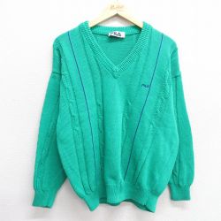 L★古着 フィラ FILA 長袖 セーター メンズ 90年代 90s ワンポイントロゴ コットン Vネック イタリア製 緑他 グリーン 25feb19 中古 ニット トップス