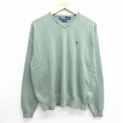 【50%OFF】XL★古着 ラルフローレン Ralph Lauren 長袖 ブランド セーター メンズ 90年代 90s ワンポイントロゴ 大きいサイズ コットン クルーネック 薄緑 グリーン 25feb19 中古 ニット トップス