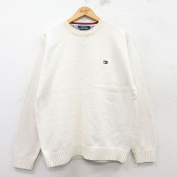 L★古着 トミーヒルフィガー TOMMY HILFIGER 長袖 ブランド セーター メンズ 90年代 90s ワンポイントロゴ コットン クルーネック 白 ホワイト 25feb19 中古 ニット トップス