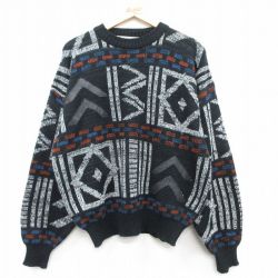 【50%OFF】XL★古着 長袖 セーター メンズ 90年代 90s レザー使用 アクリル クルーネック 黒他 ブラック 25feb19 中古 ニット トップス