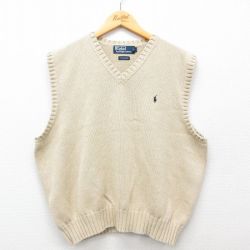 L★古着 ラルフローレン Ralph Lauren ブランド ニット ベスト メンズ 90年代 90s ワンポイントロゴ コットン Vネック ベージュ カーキ 25feb19 中古 トップス