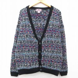 XL★古着 長袖 ニット カーディガン メンズ 90年代 90s アクリル 黒他 ブラック 25feb19 中古 トップス