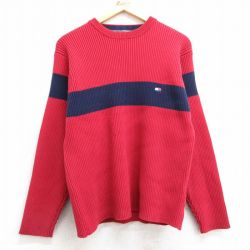 S★古着 トミーヒルフィガー TOMMY HILFIGER 長袖 ブランド セーター メンズ 90年代 90s ワンポイントロゴ ツートンカラー コットン クルーネック 赤 レッド 25feb22 中古 ニット トップス