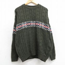 【20%OFF】L★古着 長袖 ケーブル ノルディック セーター メンズ 90年代 90s 雪柄 クルーネック USA製 濃緑他 グリーン 【spe】 25feb26 中古 ニット トップス