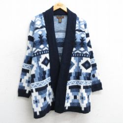 L★古着 長袖 ニット カーディガン メンズ 90年代 90s ネイティブ柄 ラグ柄 アクリル ショールカラー USA製 薄紺他 ネイビー 25feb26 中古 トップス