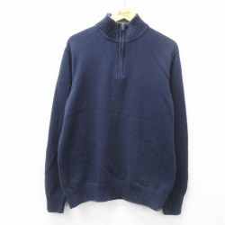 L★古着 エディーバウアー 長袖 ハーフジップ セーター メンズ 無地 コットン 濃紺 ネイビー 25feb27 中古 ニット トップス