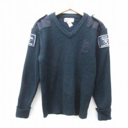 M★古着 長袖 セーター メンズ セキュリティ ヒジ当て アクリル Vネック 濃紺 ネイビー 25feb27 中古 ニット トップス