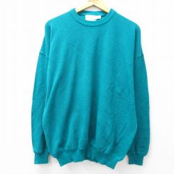 XL★古着 長袖 セーター メンズ 80年代 80s 無地 コットン クルーネック USA製 青緑 25feb27 中古 ニット トップス