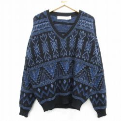 L★古着 長袖 セーター メンズ 90年代 90s アクリル Vネック USA製 黒他 ブラック 25feb28 中古 ニット トップス