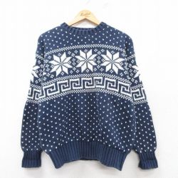 L★古着 ギャップ GAP 長袖 ノルディック セーター メンズ 90年代 90s 雪柄 バーズアイ コットン クルーネック 紺他 ネイビー 【spe】 25feb28 中古 ニット トップス