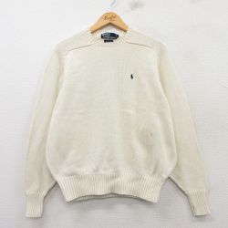 【50%OFF】L★古着 ラルフローレン Ralph Lauren 長袖 ブランド セーター メンズ 90年代 90s ワンポイントロゴ コットン クルーネック 白 ホワイト 25feb28 中古 ニット トップス