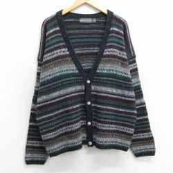 XL★古着 長袖 ニット カーディガン メンズ フェアアイル 大きいサイズ アクリル USA製 黒他 ブラック 25mar05 中古 トップス