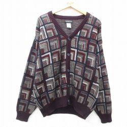 【50%OFF】L★古着 長袖 ニット カーディガン メンズ 90年代 90s アクリル エンジ他 25mar06 中古 トップス