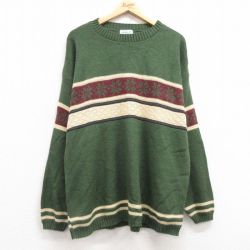 XL★古着 長袖 ノルディック セーター メンズ 90年代 90s 雪柄 アクリル クルーネック USA製 緑他 グリーン 25mar06 中古 ニット トップス