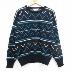 L★古着 長袖 セーター メンズ 90年代 90s クルーネック 黒他 ブラック 25mar07 中古 ニット トップス