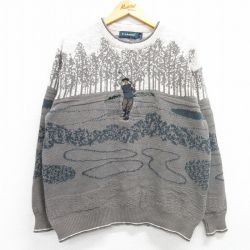 L★古着 長袖 セーター メンズ 90年代 90s ゴルフ 刺繍 クルーネック USA製 グレー系他 25mar07 中古 ニット トップス