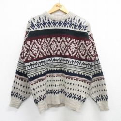 【50%OFF】L★古着 長袖 セーター メンズ 00年代 00s アクリル クルーネック ベージュ他 カーキ 25mar07 中古 ニット トップス
