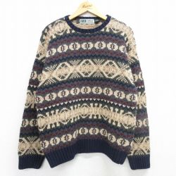 【50%OFF】L★古着 長袖 セーター メンズ 00年代 00s クルーネック 紺他 ネイビー 25mar07 中古 ニット トップス