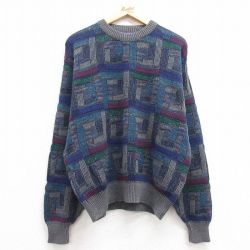 XL★古着 長袖 セーター メンズ 90年代 90s コットン クルーネック USA製 紺他 ネイビー 25mar07 中古 ニット トップス