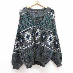 L★古着 長袖 セーター メンズ ネイティブ柄 ラグ柄 アクリル Vネック グレー他 25mar07 中古 ニット トップス