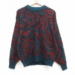 M★古着 長袖 セーター メンズ 00年代 00s ペイズリー柄 アクリル クルーネック エンジ他 25mar07 中古 ニット トップス