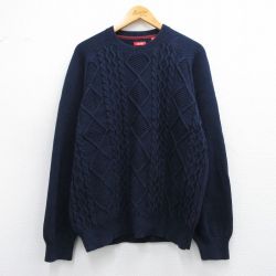 L★古着 IZOD 長袖 ケーブル セーター メンズ コットン クルーネック 紺 ネイビー 25mar07 中古 ニット トップス